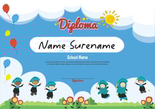 School diploma template certificate and awards for kids award appreciation with jumping kids in background vector