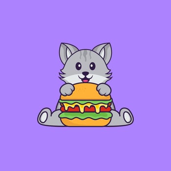 Cute cat eating burger. Animal cartoon concept isolated. Can used for t-shirt, greeting card, invitation card or mascot. Flat Cartoon Style vector