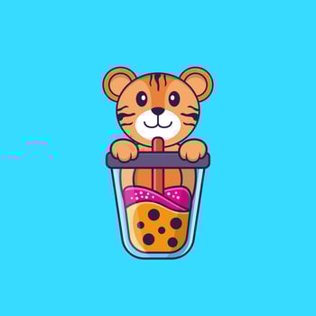 Cute tiger Drinking Boba milk tea. Animal cartoon concept isolated. Can used for t-shirt, greeting card, invitation card or mascot. Flat Cartoon Style vector