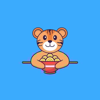 Cute tiger eating ramen noodles. Animal cartoon concept isolated. Can used for t-shirt, greeting card, invitation card or mascot. Flat Cartoon Style vector