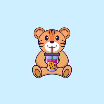 Cute tiger Drinking Boba milk tea. Animal cartoon concept isolated. Can used for t-shirt, greeting card, invitation card or mascot. Flat Cartoon Style vector