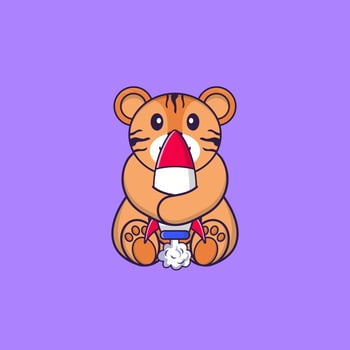 Cute tiger holding a rocket. Animal cartoon concept isolated. Can used for t-shirt, greeting card, invitation card or mascot. Flat Cartoon Style vector