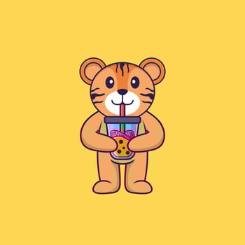 Cute tiger Drinking Boba milk tea. Animal cartoon concept isolated. Can used for t-shirt, greeting card, invitation card or mascot. Flat Cartoon Style vector