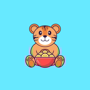 Cute tiger eating ramen noodles. Animal cartoon concept isolated. Can used for t-shirt, greeting card, invitation card or mascot. Flat Cartoon Style vector