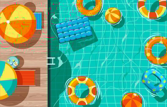 Swimming Pool with Stair and Wooden Deck and Swim Rings on Top View vector