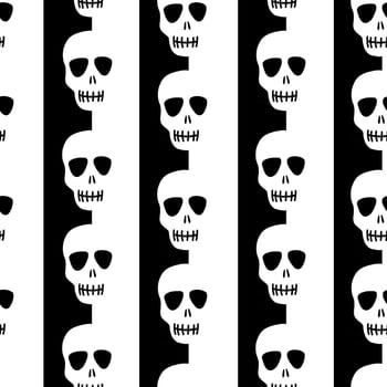 seamless skull pattern on a black and white striped background. Striped pattern with skulls.Design for Halloween, Day of the dead. Vector stock illustration