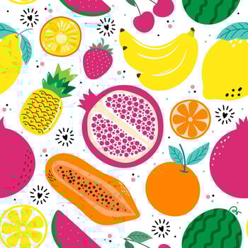Hand drawn cute seamless pattern  fruits, Orange, Banana, Pomegranate, Cherry, Strawberry, Pineapple, Watermelon, Lemon and leaf on white  background. Vector illustration.