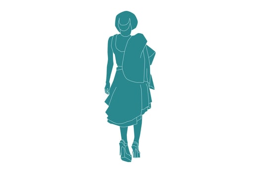 Vector illustration of fashionable woman walking looks from behind, Flat style with outline