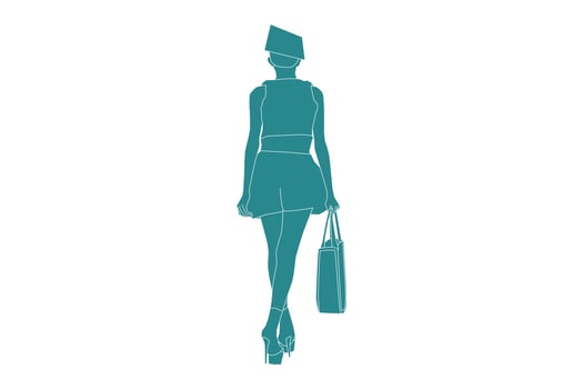 Vector illustration of fashionable woman walking looks from behind, Flat style with outline