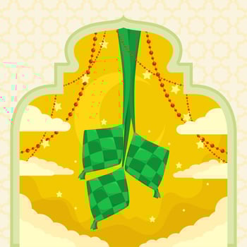 Ketupat Rice In Frame with Mosque Door And Stars around vector