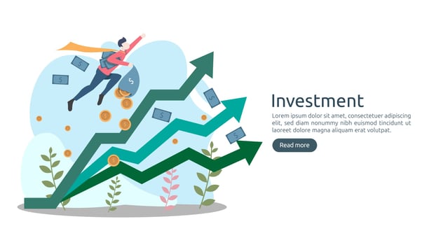 Business investment concept. dollar pile coin, tiny people, money object. graphic chart increase. Financial growth rising up to success. modern flat design landing page template vector illustration