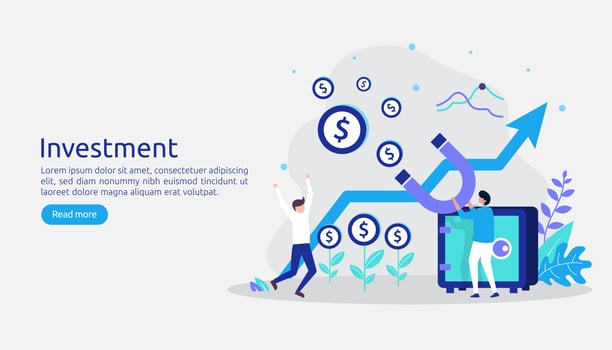 Business investment concept. Returns on investment graphic chart. Financial growth rising up to success. web landing page template, banner, presentation, social, and print media. Vector illustration