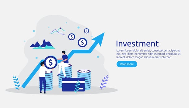 Business investment concept. Returns on investment graphic chart. Financial growth rising up to success. web landing page template, banner, presentation, social, and print media. Vector illustration