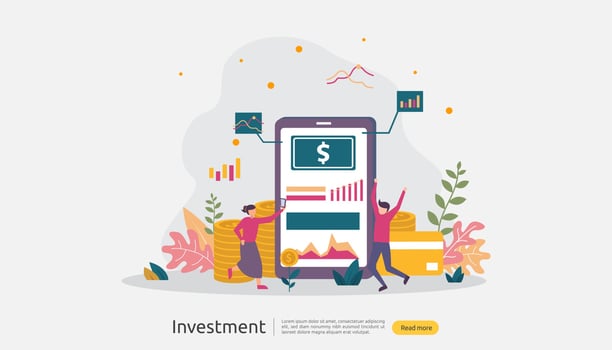 Business investment concept. Returns on investment graphic chart. Financial growth rising up to success. web landing page template, banner, presentation, social, and print media. Vector illustration