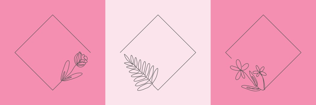 Set Hand Drawn floral Organic grass, Leaves and flower with rhombus frame, Decorative Leaf element. Line art Vector Illustration for social media, wedding, invitation, logo, cosmetic