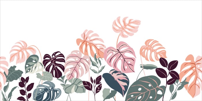 Tropical forest art deco wallpaper. Floral pattern with exotic flowers and leaves, split-leaf Philodendron plant ,monstera plant, Jungle plants line art on trendy background. Vector illustration.