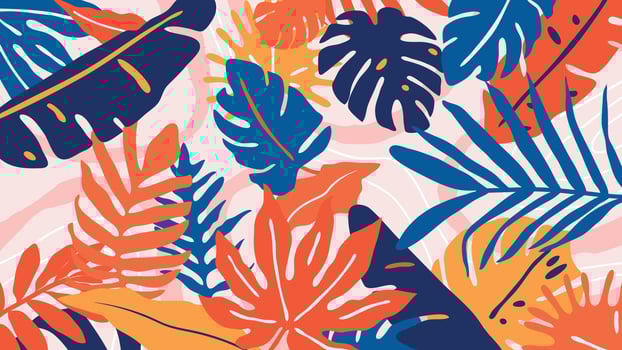 Tropical forest art deco wallpaper. Floral pattern with exotic flowers and leaves, split-leaf Philodendron plant ,monstera plant, Jungle plants line art on trendy background. Vector illustration.