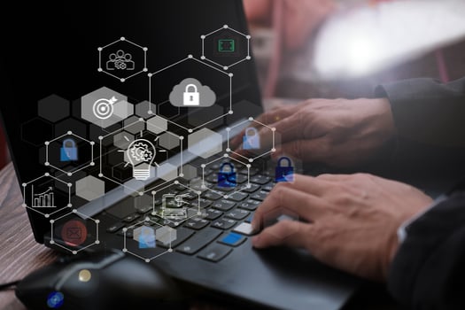 Businessman working laptop computer with big data analytics visualization technology with business analyzing information structure on screen photo