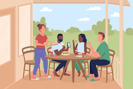Friends at outdoor dinner party flat color vector illustration
