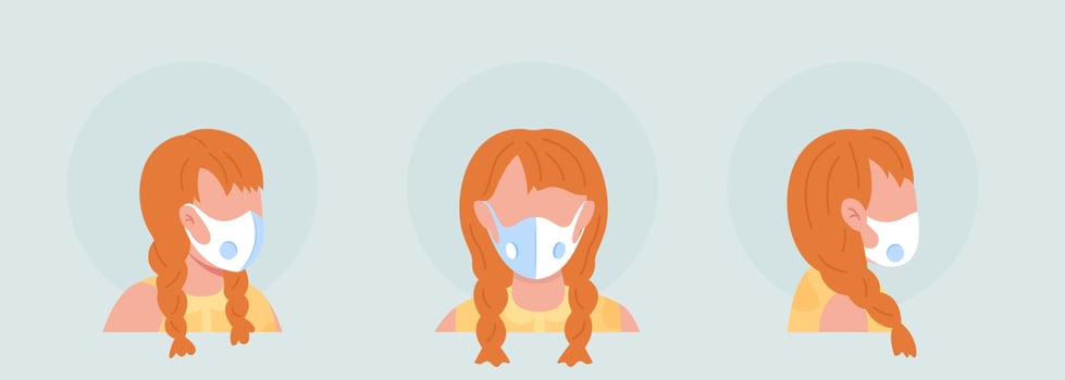 Female with white respirator semi flat color vector character avatar with mask set