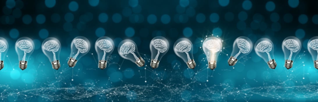 Light bulbs with brain inside, digital 3D concept photo