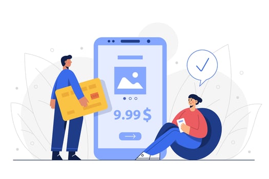 Husband and wife pay for goods by credit card via mobile banking. vector
