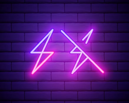 Neon icon of Purple and Violet Electric Energy. Vector illustration of Purple and Violet Neon Electrical Sign consisting of neon outlines, with backlight on the dark brick wall background
