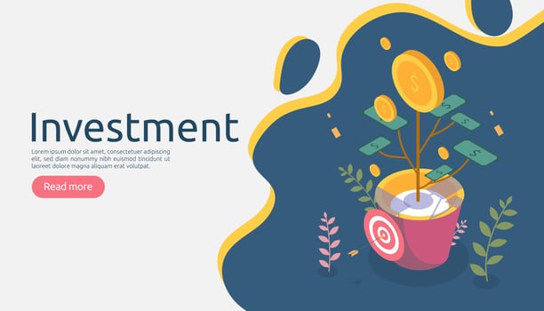 Business management growth concept. Returns on investment isometric vector illustration with money coin plant in flower pot. template for web landing page, banner, presentation, social media.