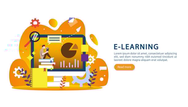 E-learning concept with computer, book and tiny people character in study process. E-book or online education. template for web landing page, banner, presentation, social media and print material vector