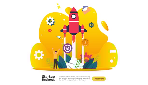 start up idea concept. project business with rocket tiny people character. new product or service launch template for web landing page, banner, presentation, social, print media. Vector illustration