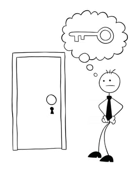 Stickman Businessman Character In Front of the Locked Door But No Key Vector Cartoon Illustration
