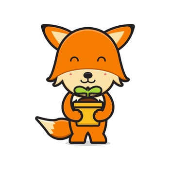 Cute fox holding plant cartoon icon vector illustration