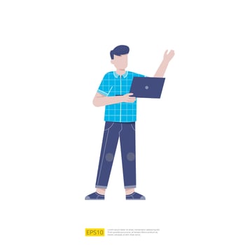 young man holding laptop computer. Businessman standing at full height holding opened laptop in his hands. Vector cartoon illustration isolated on white background.