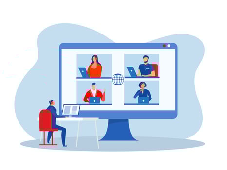 business Online conference at home business webinar. businessman video chat. Group on monitor utter vector concept