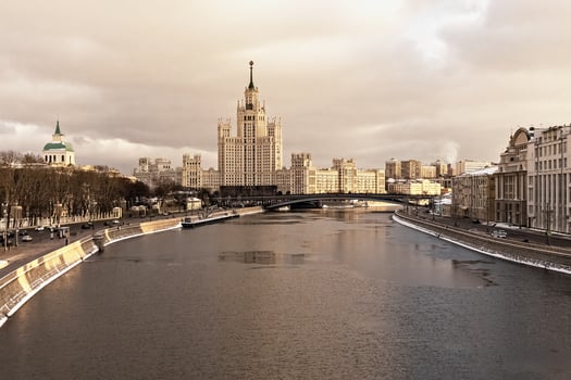 City view of the Moskva River in winter.House on Kotelnicheskaya embankment.Tourism in Russia photo