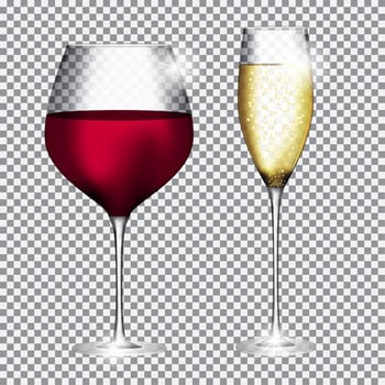 Glass of Champagne and Wine on Transparent Background Vector Illustration