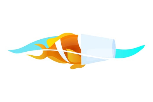 Fish trapped in plastic garbage flat concept icon. Sea water pollution problem. Marine animal and waste in ocean sticker, clipart. Isolated cartoon illustration on white background vector