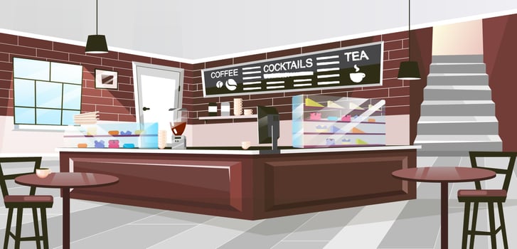 Retro restaurant inside flat vector illustration. Vintage wooden furniture in spacious hall. Brown counter with coffee machine, glass showcases. Cartoon cafe interior with chalk board for drinks menu