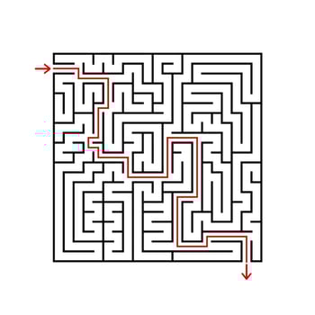 Black square maze with entrance and exit. A game for children and adults. Simple flat vector illustration isolated on white background. With the answer.