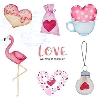 Set of big isolated watercolor valentine concept element lovely romantic red-pink hearts for decoration, Vector illustration.