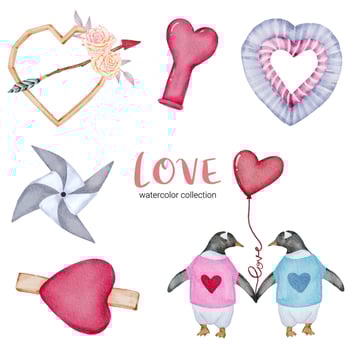 Set of big isolated watercolor valentine concept element lovely romantic red-pink hearts for decoration, Vector illustration.