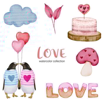 Set of big isolated watercolor valentine concept element lovely romantic red-pink hearts for decoration, Vector illustration.
