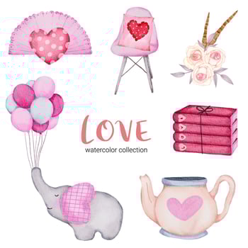 Set of big isolated watercolor valentine concept element lovely romantic red-pink hearts for decoration, Vector illustration.