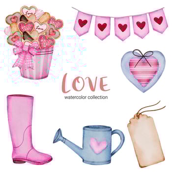 Set of big isolated watercolor valentine concept element lovely romantic red-pink hearts for decoration, Vector illustration.