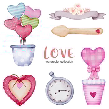 Set of big isolated watercolor valentine concept element lovely romantic red-pink hearts for decoration, Vector illustration.