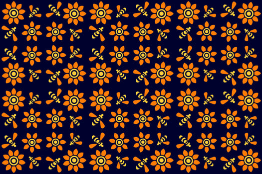 flowers and bees pattern, seamless floral pattern with flying bees, yellow orange flowers on blue background, textile pattern, vintage, retro style, vector