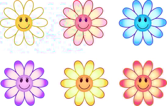 Set of colorful fllowers. Collection of smiling chamomiles in different colors and gradients. Smile flowers isolated on white background. vector