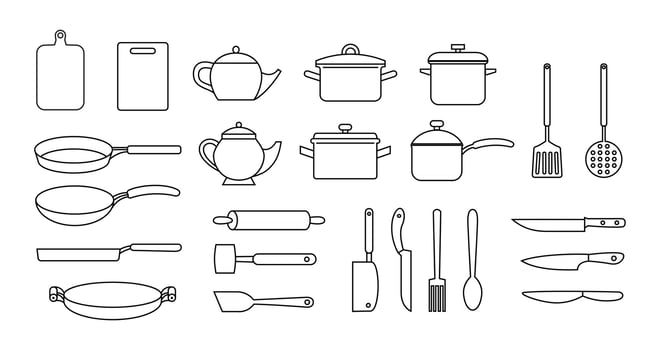 Kitchen utensils, vector black outline set, collection of kitchen utensils, knifes, teapots, cutting boards isolated on white background