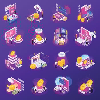 Financial Technology Glow Isometric Icons Vector Illustration