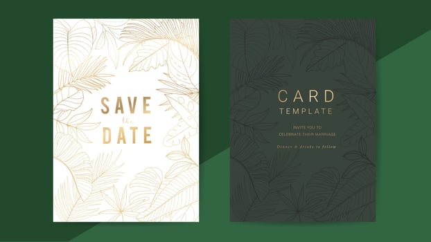 Tropical gold wedding invitation card design vector collection. Stationary design for vip banner, print and cover background.